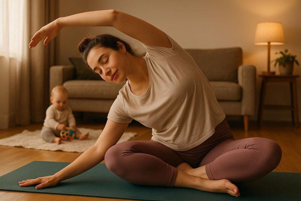 Mulher realizando exercícios suaves para aliviar dores no pós-parto